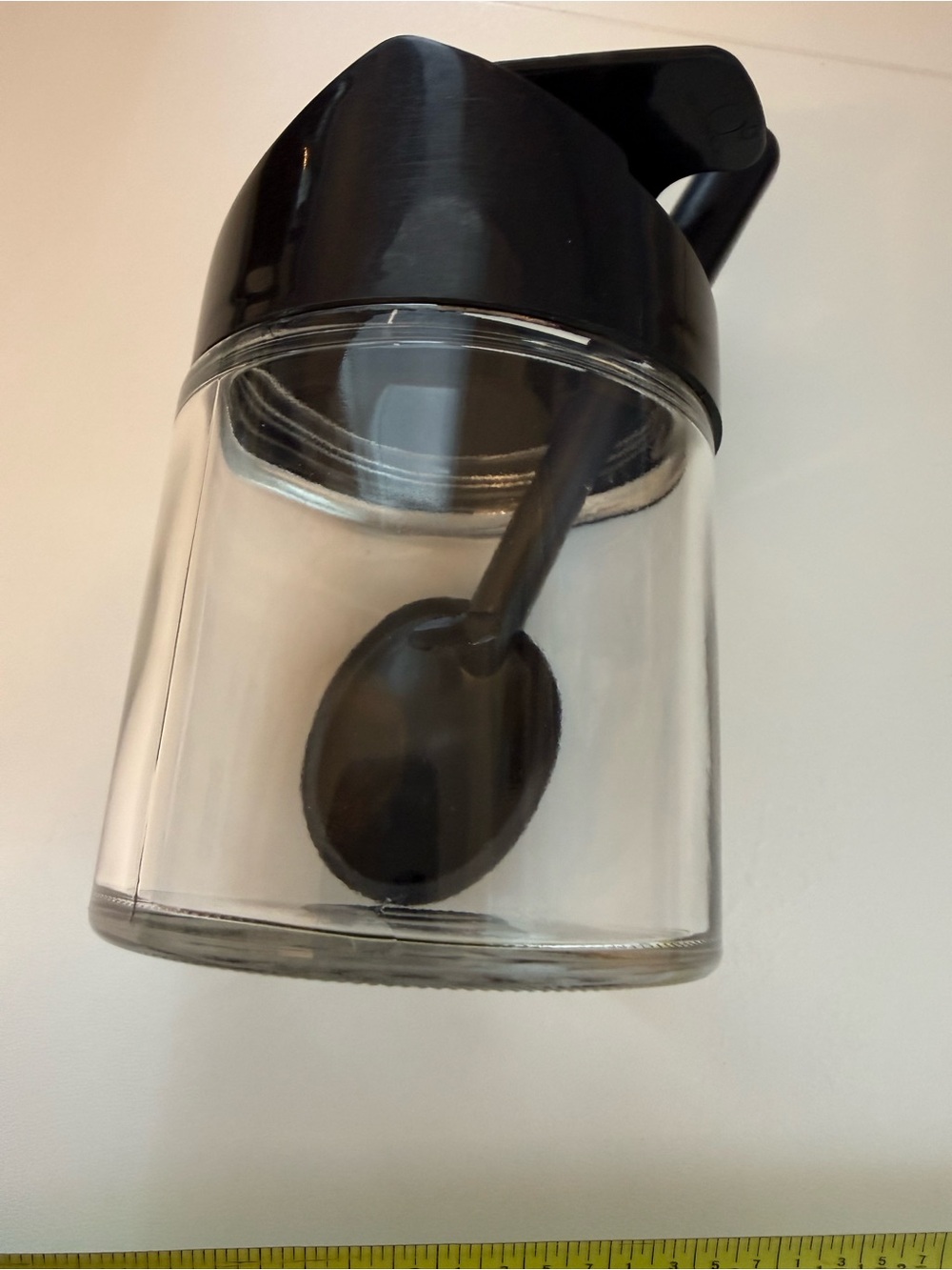 Gemco Vintage Black Glass Sugar Dispenser Jar with Spoon - Clear Body, Black Lid